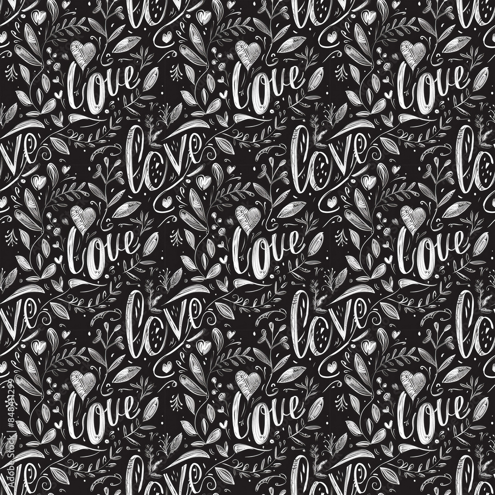 Hand-drawn love-themed pattern with leaves and hearts on a black background Hand-drawn love-themed pattern with leaves and hearts on a black background