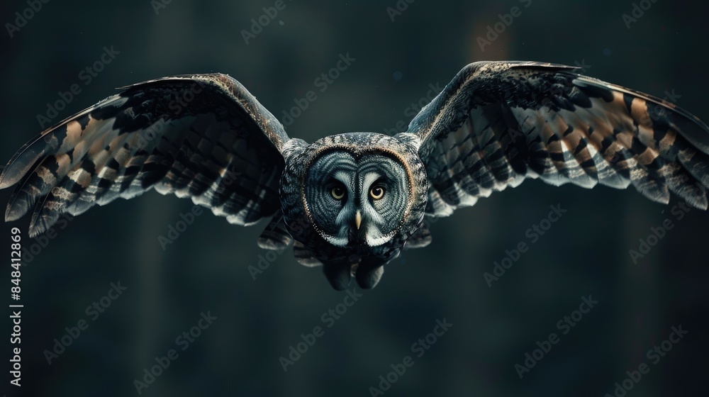 Fototapeta premium A flying owl against a dark backdrop