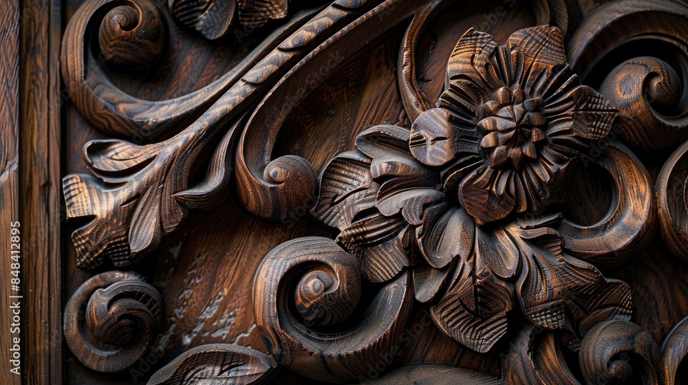 Fragment of ancient table drawer adornments highlighting the art of wood carving Emphasizing craftsmanship dark brown hue and premium quality wood components Fragment of ancient table drawer adornments highlighting the art of wood carving Emphasizing craftsmanship dark brown hue and premium quality wood components