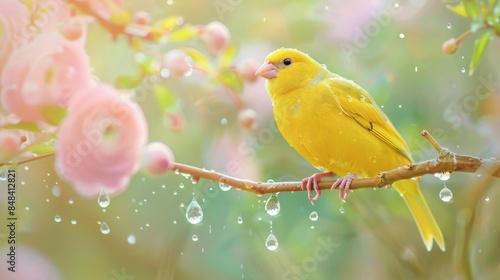 A golden yellow canary on a branch in a spring setting, with small raindrops hanging on clear threads. photo
