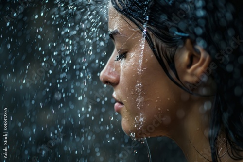 Young beautiful woman takes a shower