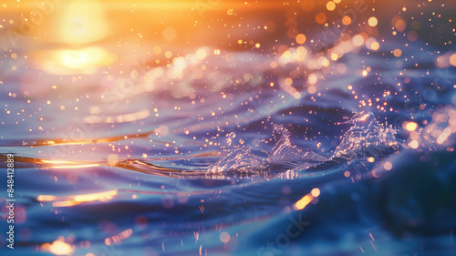 Water surface texture with bubbles and splashes that is defocused blurring transparent blue in color. Trendy abstract background of nature. The sea ripples in the sunlight Ai generated image photo