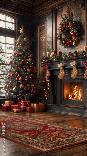 A Christmas tree decorated with traditional red and gold ornaments, placed next to a cozy fireplace with stockings hanging and a crackling fire. The background includes a warm, inviting living room 
