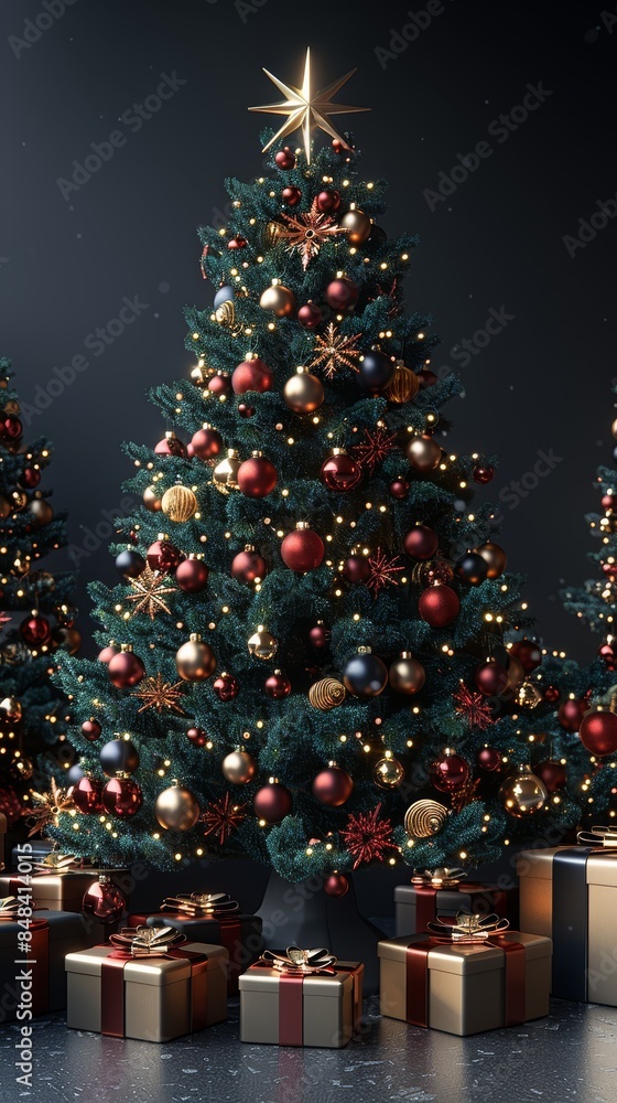 3D of a decorated Christmas tree with colorful ornaments and a star on top, surrounded by wrapped gifts on a smooth white background. The scene is brightly lit to emphasize the festive decorations