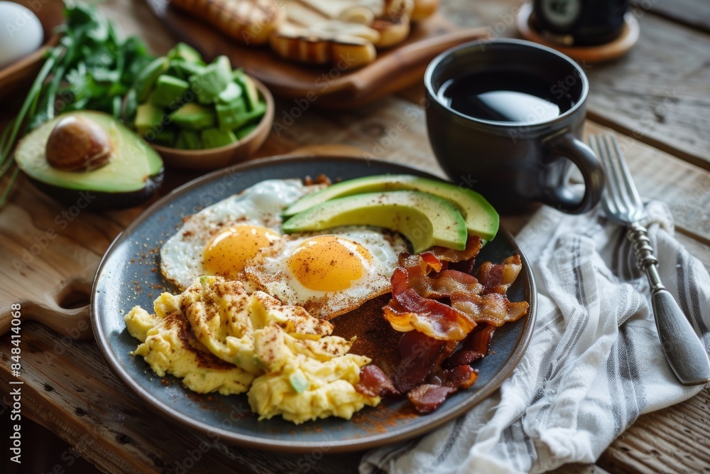 Keto-Friendly Breakfast Spread with Scrambled Eggs, Bacon, Avocado, and Black Coffee in Rustic Setting Keto-Friendly Breakfast Spread with Scrambled Eggs, Bacon, Avocado, and Black Coffee in Rustic Setting