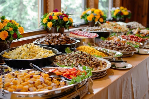 A long buffet table is laden with various dishes for a community potluck. The table is overflowing with an assortment of tempting foods, perfect for a shared meal