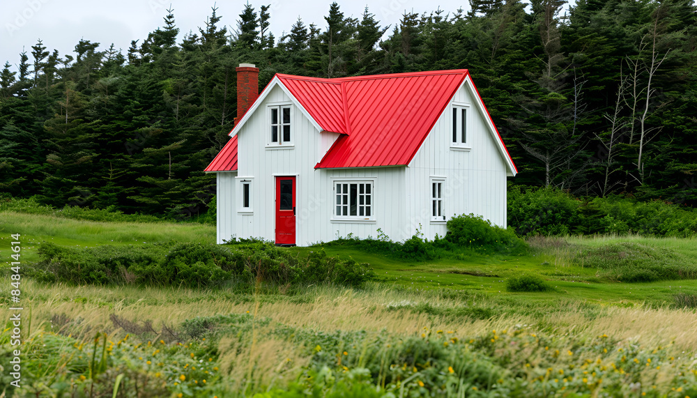 Wide vista of tiny white house with red roof in center of screen Wide vista of tiny white house with red roof in center of screen