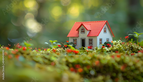 Wide vista of tiny white house with red roof in center of screen photo