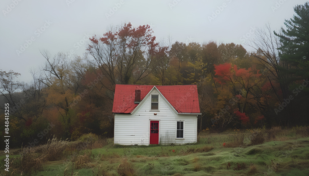 Wide vista of tiny white house with red roof in center of screen Wide vista of tiny white house with red roof in center of screen