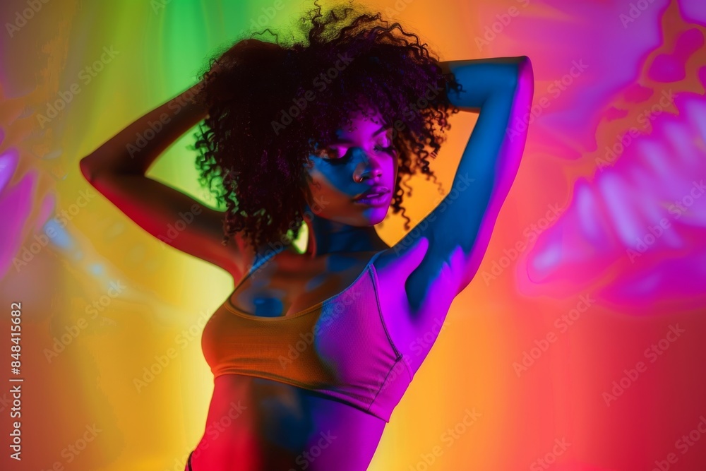 Woman dancing under neon lights. Woman dancing under neon lights.
