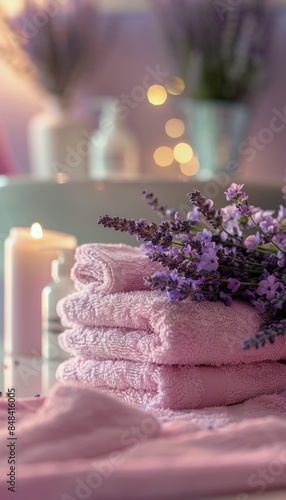 Soft Pink Towels and Lavender Blooms in a Spa Setting