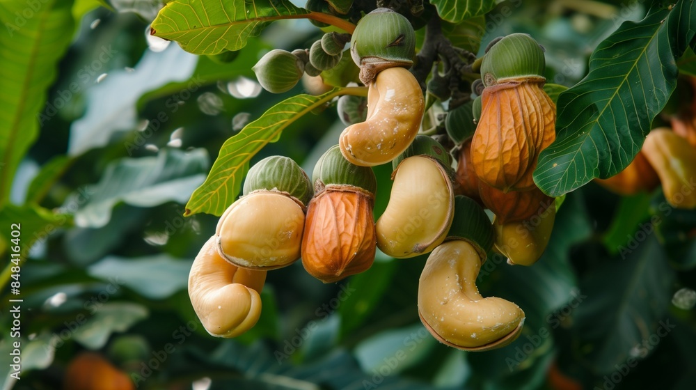 Obraz premium Ripe cashew nuts on a cashew tree in the sunshine