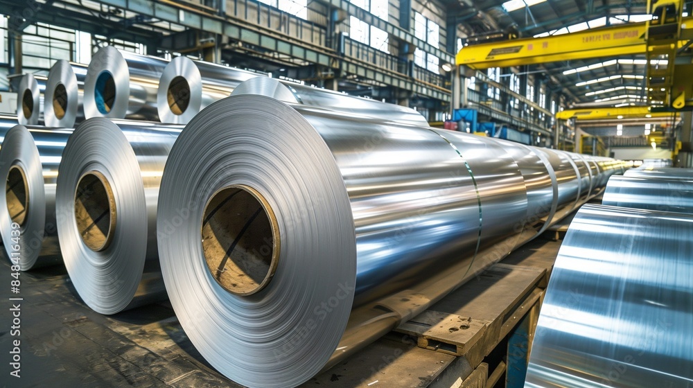 Stacked Aluminum Sheet Metal Rolls in Manufacturing Plant Stacked Aluminum Sheet Metal Rolls in Manufacturing Plant