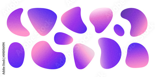 Pink purple blue gradient Liquid blob set. Grain textured liquid Spots isolated on white. Irregular geometric shape background for design. Abstract colorful blot. Modern organic dynamic figure