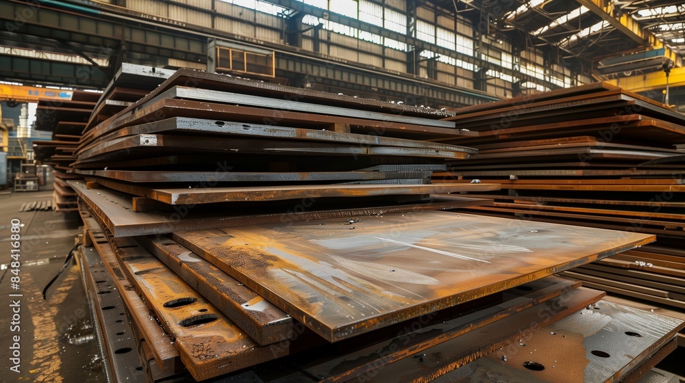 Stacks of hotrolled steel sheets in factory setting Stacks of hotrolled steel sheets in factory setting