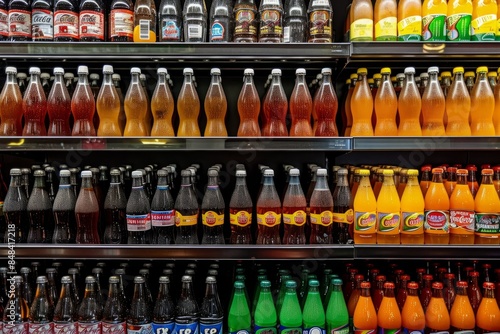 A close-up overhead view of a beverage store shelf overflowing with various soda bottles