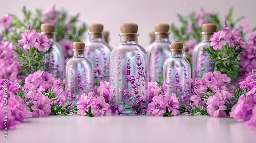 Clear glass bottles different sizes filled lavender oil, surrounded lavender flowers neatly arranged Clear glass bottles different sizes filled lavender oil, surrounded lavender flowers neatly arranged