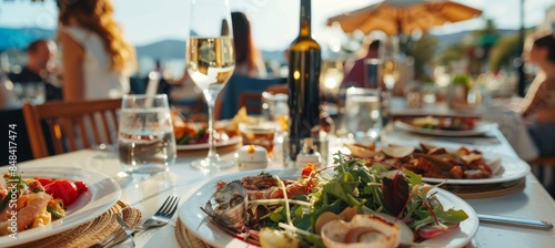 Scenic Rooftop Restaurant in Mediterranean City with Diners Enjoying Seafood and Wine © spyrakot