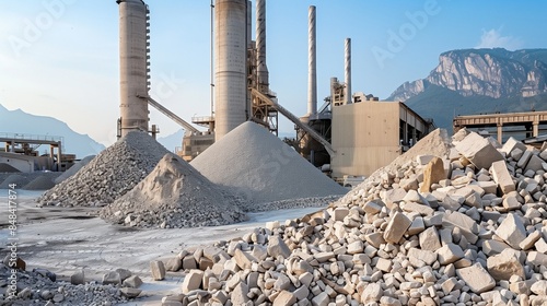 Large piles of raw limestone at cement plant  industrial mining site