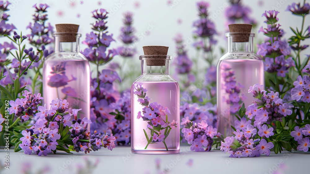 Glass bottles filled with lavender oil, extract, surrounded purple lavender flowers neatly arranged Glass bottles filled with lavender oil, extract, surrounded purple lavender flowers neatly arranged
