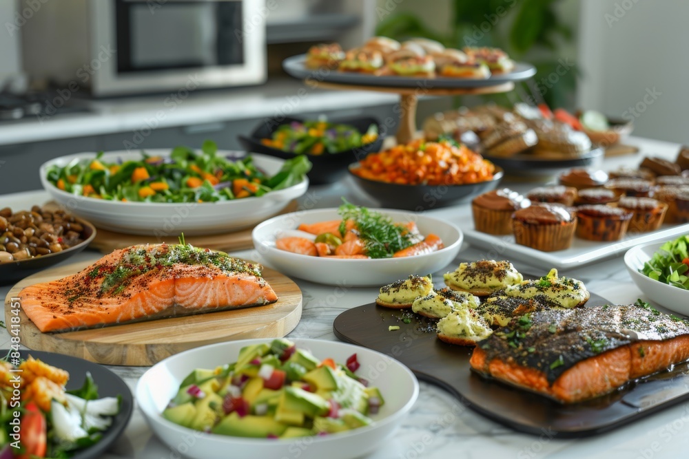 Delicious Keto Meals Arrangement Featuring Grilled Salmon, Avocado Salad, and Keto-Friendly Desserts Delicious Keto Meals Arrangement Featuring Grilled Salmon, Avocado Salad, and Keto-Friendly Desserts