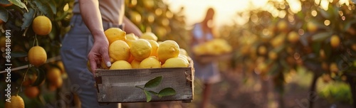 Person Placing Lemons Into Wooden Crate at a Lemon Orchard During Golden Hour