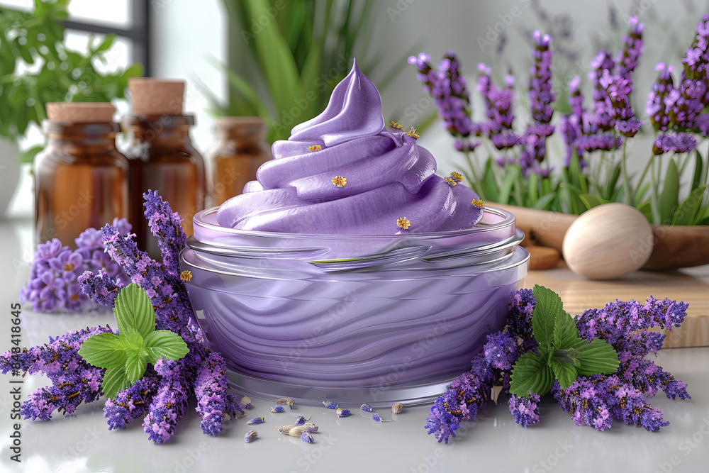 Jar natural skin care product surrounded herbs flowers white surface. Composition lavender flowers Jar natural skin care product surrounded herbs flowers white surface. Composition lavender flowers