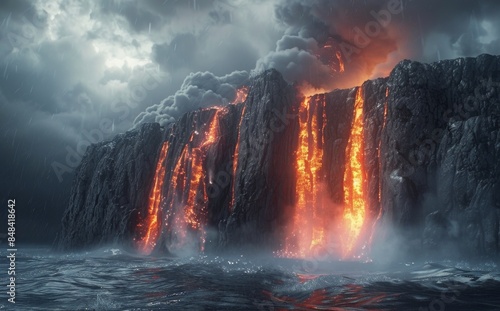 Dramatic Lava Falls Cascade Into Ocean at Sunset