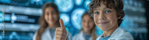 Smiling Boy Interacts With Interactive Digital Display In Futuristic Classroom