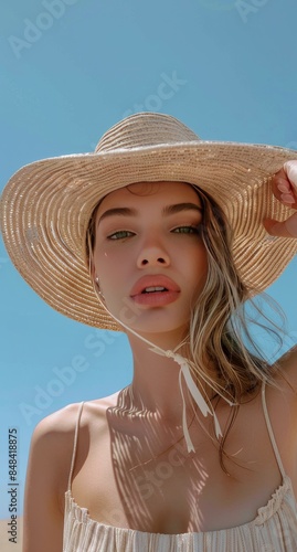 Woman Wearing Straw Hat and White Dress Under Summer Sun