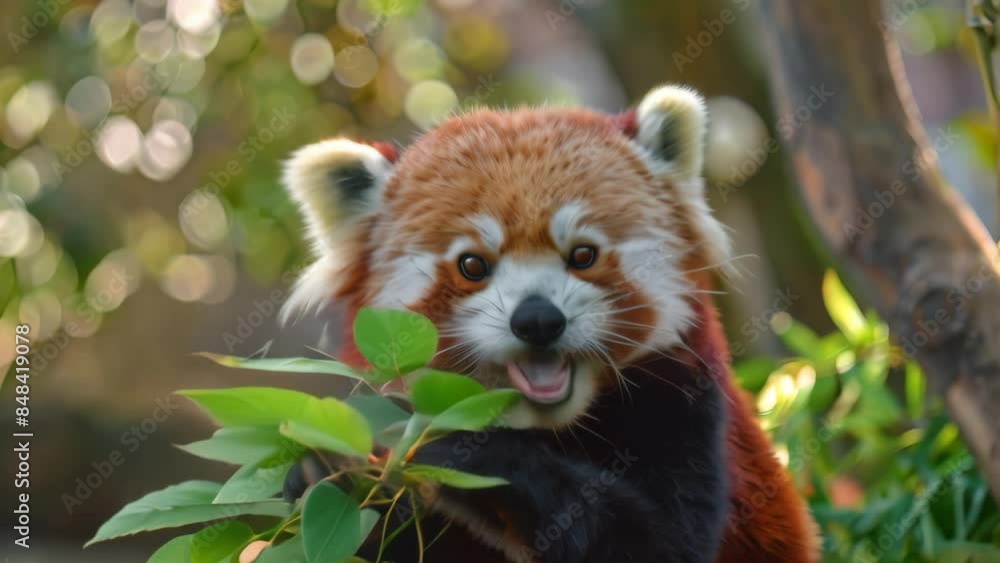 A red panda is actively eating bamboo in its zoo habitat, An adorable red panda munching on bamboo A red panda is actively eating bamboo in its zoo habitat, An adorable red panda munching on bamboo