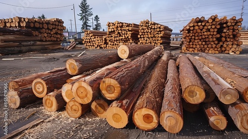 Raw Lumber Logs in Sawmill Yard photo