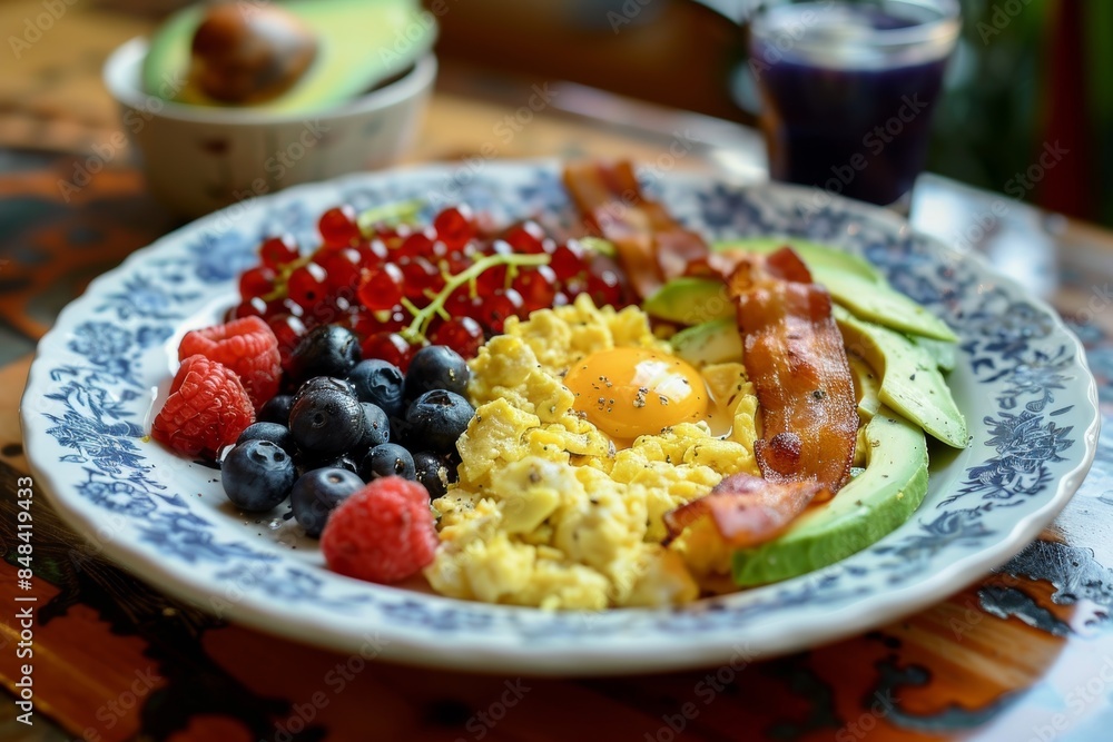 Delicious Keto-Friendly Breakfast with Scrambled Eggs, Bacon, Avocado, and Mixed Berries in Rustic Kitchen Setting Delicious Keto-Friendly Breakfast with Scrambled Eggs, Bacon, Avocado, and Mixed Berries in Rustic Kitchen Setting