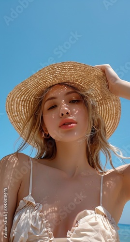Woman Wearing Straw Hat and White Dress Under Summer Sun