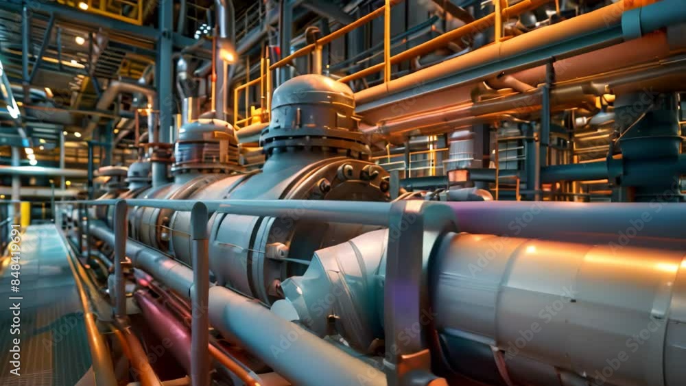 A large pipe inside a bustling industrial facility, indicating the presence of advanced power generation activities, An advanced power generation plant humming with energy A large pipe inside a bustling industrial facility, indicating the presence of advanced power generation activities, An advanced power generation plant humming with energy