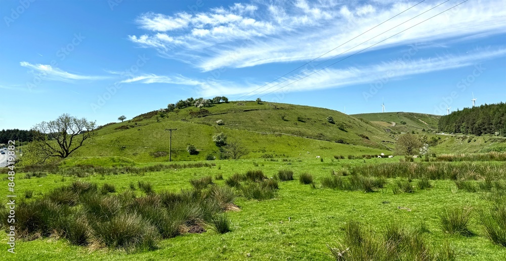 The landscape is dominated by rolling green hills beneath a bright blue sky, with scattered trees and shrubs peppering the view near Ogden Reservoir, Haslingden, Lancashire, UK. The landscape is dominated by rolling green hills beneath a bright blue sky, with scattered trees and shrubs peppering the view near Ogden Reservoir, Haslingden, Lancashire, UK.