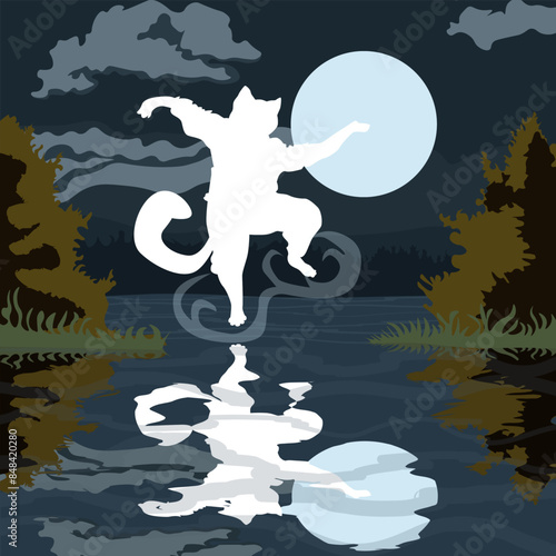 Cat, a kung fu master, meditates and flies over a lake on a moonlit night. The illustration is made in dark and cold tones. Conveys calmness, meditation, restraint, mastery, admiration.