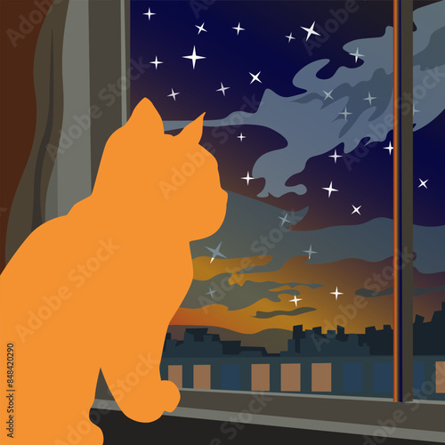 A cat on the windowsill looks at the night starry sky. The illustration is made mainly in warm and dark tones. The picture conveys surprise, delight, and joy.