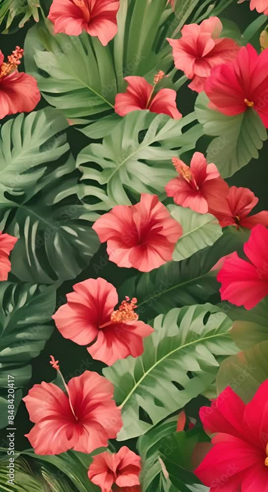 Tropical leaves greenery with green leaves and colorful hibiscus flowers 4k Tropical leaves greenery with green leaves and colorful hibiscus flowers 4k