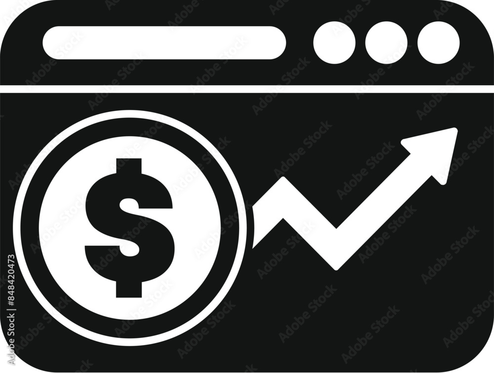 Black and white icon of a computer window with a dollar sign and a rising arrow showing online business growth Black and white icon of a computer window with a dollar sign and a rising arrow showing online business growth