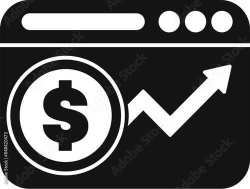 Black and white icon of a computer window with a dollar sign and a rising arrow showing online business growth