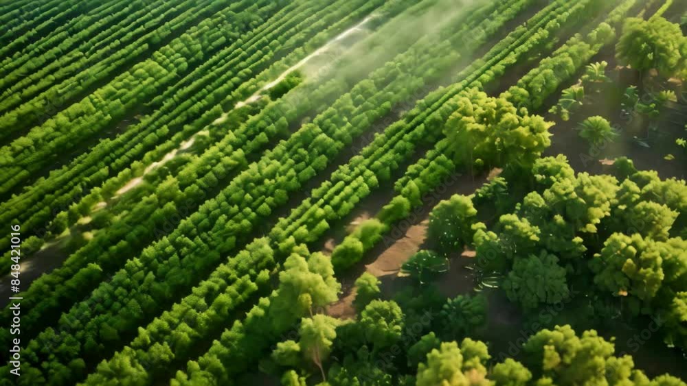 A high-angle view of a sprayer distributing water across a vast field, An aerial view of a smart irrigation system optimizing water usage in a large agricultural field A high-angle view of a sprayer distributing water across a vast field, An aerial view of a smart irrigation system optimizing water usage in a large agricultural field