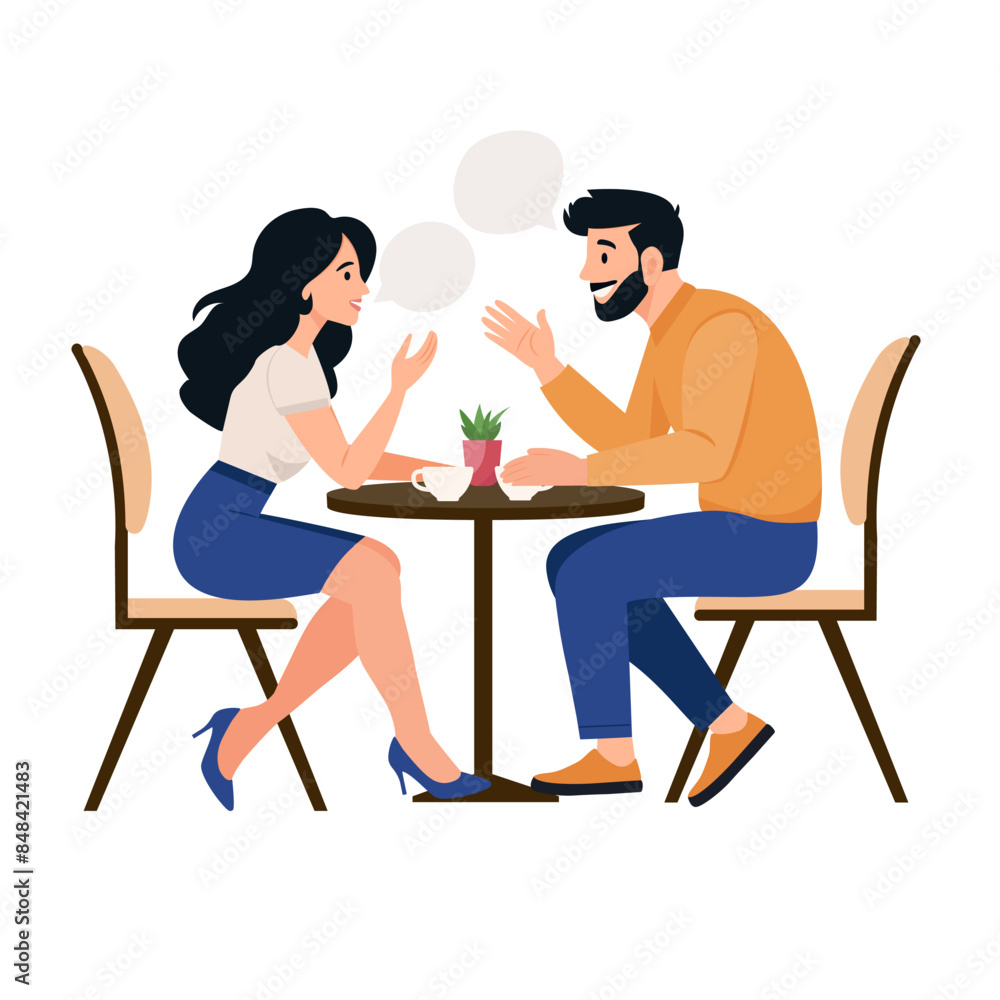 Young couple talking together. People communicating in cafe. People conversation with speech bubbles. Flat vector illustration isolated on white Young couple talking together. People communicating in cafe. People conversation with speech bubbles. Flat vector illustration isolated on white