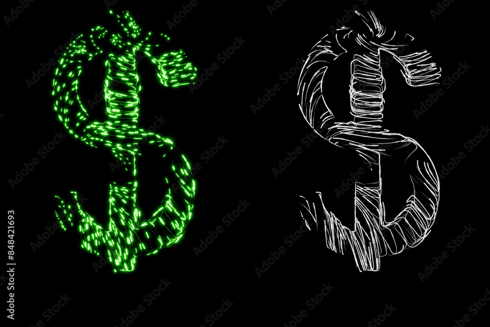 Dollar sign made of many thin transparent tubes with green neon light lines inside with clipping mask, 3d rendering Dollar sign made of many thin transparent tubes with green neon light lines inside with clipping mask, 3d rendering