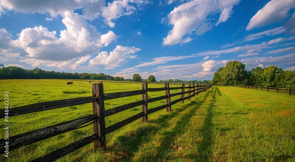 Fototapeta premium A Wooden Fence Lines a Green Pasture on a Sunny Day