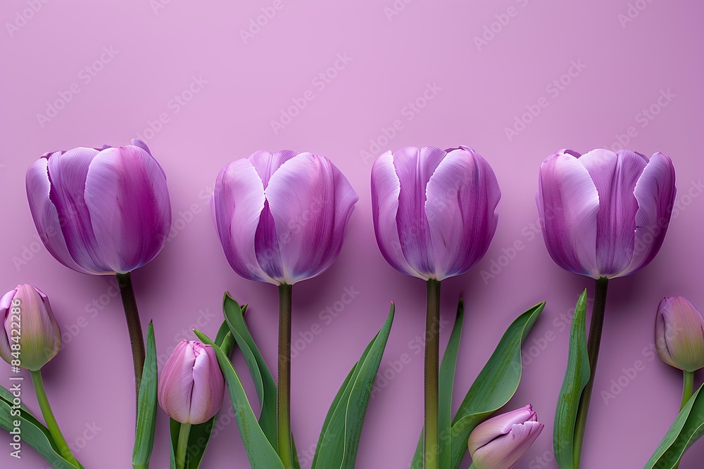 A group of purple tulips on a pink background A group of purple tulips on a pink background