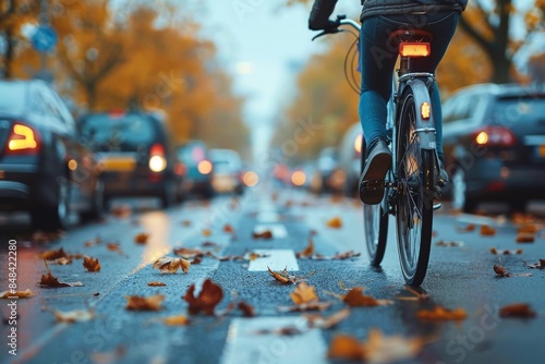 Cyclist Riding Through Autumn City Street on a Rainy Day