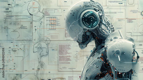 A robot is examining an engineering blueprint with water font, art fixture, and circle shapes, showcasing the intersection of science and building in auto part design