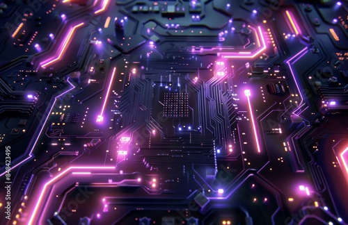 Abstract Purple Circuit Board With Glowing Lights