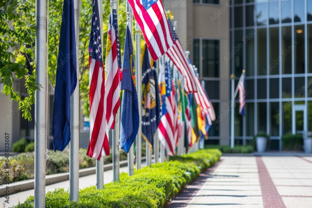 A line of flags, including the American flag, stand in front of a ...